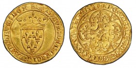 Charles VI 1380-1422
Écu d’or à la Couronne, La Rochelle, ND, AU 3.92 g. Ref : Dup. 369C, Ciani 488, Fr. 291
Conservation : presque FDC