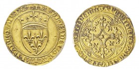 Charles VI 1380-1422
Écu d’or à la couronne, Montpellier, AU 3.9 g. Ref : Dup. 369c, Fr. 291
Conservation : PCGS AU58. Superbe