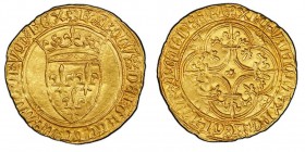 Charles VI 1380-1422
Écu d’or à la Couronne, Saint-Lô, ND, AU 3.78 g. Ref : Dup. 369C, Laf. 378, Fr. 291
Conservation : PCGS MS63
