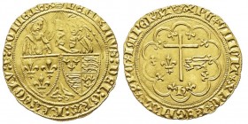 Henri VI d'Angleterre (1422-1453)
Salut d’or, Paris, 2e émission (6 septembre 1423), AU 3.5 g.
Avers : HENRICVS DEI GRA FRACORV Z AGLIE REX.
L’archan...