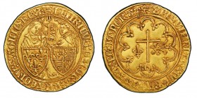 Henri VI d'Angleterre (1422-1453)
Salut d’or, Rouen, 1422-1449, AU 3.47 g. Ref : Dup. 443A, Fr. 301
Conservation : PCGS AU55. Superbe