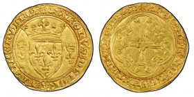 Charles VII le Victorieux 1422-1461 
Écu d’or à la Couronne, Tournai,
2ème émission du 12 août 1445, 16ème point, AU 3.46 g. Ref : Dup. 511E, La...