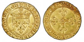 Charles VII le Victorieux 1422-1461 
Écu d’or au soleil, Poitiers, 2e émission (juillet 1494), point 8e, AU 3.42 g.
Avers : Ecu de France couronné ...