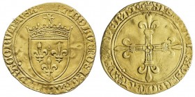Charles VII le Victorieux 1422-1461 
Écu d’or au soleil, Saint-Lô, 19ème point, AU 3.28 g. Ref : Dup. 575A, Ciani 794, Fr. 318
Conservation : TTB...