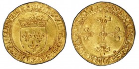 Louis XII 1498-1515 
Écu d’or au soleil, Lyon, ND, AU 3.43 g Ref : Dup. 771, Ciani 1071, Fr. 342 Conservation : PCGS AU58. Rare