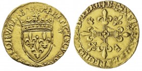 François Ier 1515-1547
Écu d’or au soleil, Bayonne, V type, étoile sous la 5ème lettre, B et ancre, AU 3.39 g.
Ref : Dup. 778, Fr. 334, Marcheville...