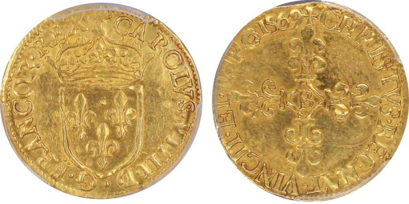 Charles IX 1560-1574
Ecu d’or au soleil, Rouen, 1569 B, AU 3.31 g. Ref : Dup. 10...