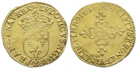 MONNAIES ROYALES - BOURBONS 1610-1789
Louis XIII 1610-1643
Écu d’or au soleil, 1er type, Amiens, 1634, AU 3.26 g. Ref : G.55 (R), Dup 1282b, Fr.398
C...