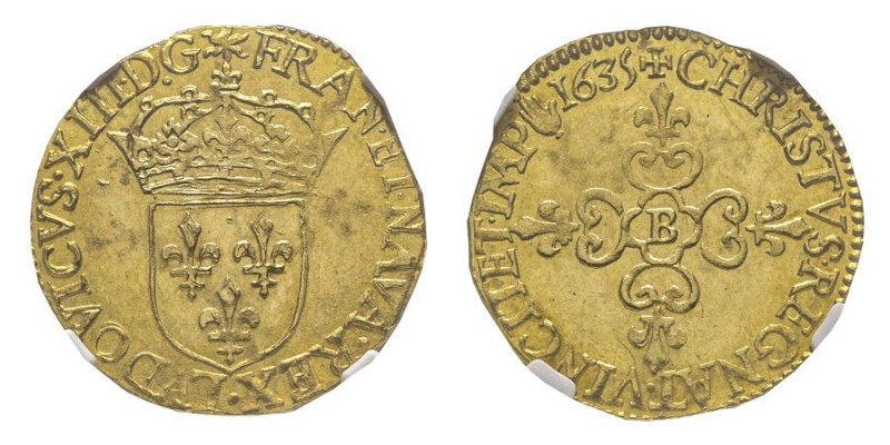 Louis XIII 1610-1643
Écu d'or, Rouen, 1635 B, AU 3.29 g.
Ref : G. 55, Fr. 398
Co...