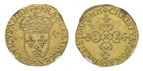 Louis XIII 1610-1643
Écu d'or, Rouen, 1635 B, AU 3.29 g.
Ref : G. 55, Fr. 398
Conservation : NGC MS62. Superbe exemplaire