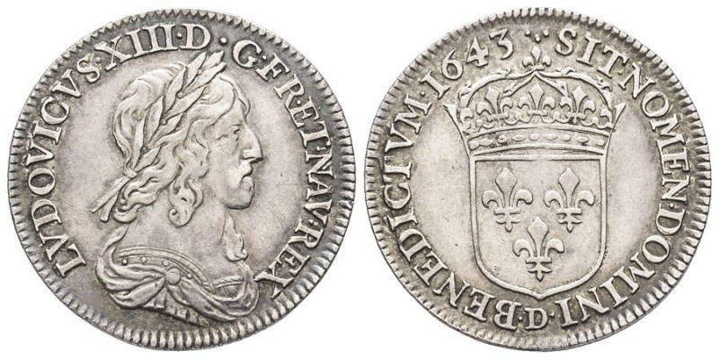 Louis XIII 1610-1643
1/4 Écu, Lyon, 1643 D, AG 6.85 g. Ref : G. 48 (R4)
Conserv...