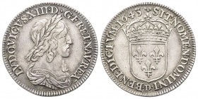 Louis XIII 1610-1643
1/4 Écu, Lyon, 1643 D, AG 6.85 g. Ref : G. 48 (R4)
Conservation : TTB. Très Rare