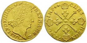 Louis XIV 1643-1715
Double-louis d'or aux Insignes du BÉARN, Pau, 1704, flan neuf, AU 13.5 g.
Ref : G. 262a (R5), Fr.441
Conservation : Superbe. Rari...