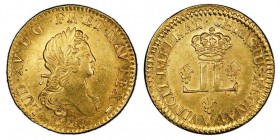 Louis XV 1715–1774
Louis d’or aux 2 L, reformation, Lille, 1721 W, AU 9.62 g. Ref : G. 337 (R), Fr. 456. Varieté : sans lis sous le buste. Conservati...