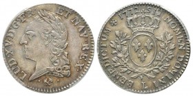 Louis XV 1715–1774
1/5 Ecu à la vieille tête, Bayonne, 1772 L, AG 5.8 g. Ref : G.300
Conservation : PCGS AU58
