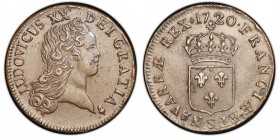 Louis XV 1715–1774
Sol au buste enfantin, Reims, 1720 S, 20 sur 19, AE 12.2 g. exemplaire avec une légende fautée «LUDOVICUS XX»
Ref : G. 276 (R)
Co...