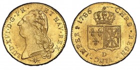 Louis XVI 1774-1792
Double Louis d'or à la tête nue, Lyon, 1786 D, 2ème sem., AU 16.3 g.
Ref : G. 363, Fr. 474
Conservation : PCGS MS62