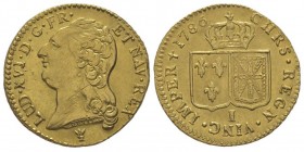 Louis XVI 1774-1792
Louis d’or à la tête nue, Limoges 1786 I, 1er sem., AU 7.59 g. Ref : G.361 (R), Fr. 475
Conservation : Superbe. Rare