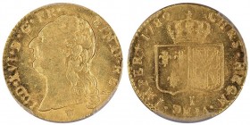Louis XVI 1774-1792
Louis d’or à la tête nue, Limoges, 1789 I, 1er sem., AU 7.64 g. Ref : G. 361 (R2), Fr. 475
Conservation : PCGS MS64. FDC
Très r...