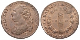 Convention 1792-1795 
12 Deniers dit "au faisceau", Lyon, 1792 (AN 4), 4 sur 3, AE 12 g. 
Ref : G.15. 
Conservation : Superbe