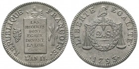 Convention 1792-1795 
Epreuve de deux sols aux balances, 1793, sans lettre d'atelier, Étain 18.95 g. 
Ref : G.31 
Conservation : FDC. Très Rare