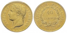 Premier Empire 1804-1814
40 Francs, La Rochelle, 1808 H, AU 12.90 g.
Ref : G. 1083, Fr. 493
Conservation : PCGS MS62. Rare