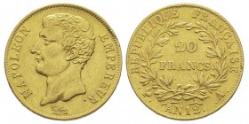 Premier Empire 1804-1814
20 Francs, Paris, AN12 A , AU 6.45 g. 
Ref : G. 1021, Fr. 487
Conservation : TTB+. Sans point après FRANÇAISE. Rarissime