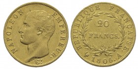 Premier Empire 1804-1814
20 Francs, Paris, 1806 A , AU 6.45 g. 
Ref : G. 1023, Fr. 488
Conservation : Superbe