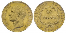 Premier Empire 1804-1814
20 Francs, Paris, 1806 A, AU 6.45 g.
Ref : G. 1023, Fr. 491
Conservation : NGC MS62. Rare