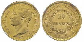 Premier Empire 1804-1814
20 Francs, Paris, 1807 A , AU 6.45 g. 
Ref : G.1023a type transitoire
Conservation : NGC AU55