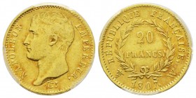Premier Empire 1804-1814
20 Francs, Lille, 1807 W, AU 6.45 g.
Ref : G.1023a type transitoire
Conservation : PCGS AU50.