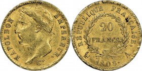 Premier Empire 1804-1814
20 Francs, Paris, 1808 A , AU 6.45 g. 
Ref : G. 1024, Fr.502
Conservation : NGC MS61