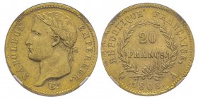 Premier Empire 1804-1814
20 Francs, Paris, 1808 A , AU 6.45 g.
Ref : G. 1025, Fr. 511
Conservation : Superbe