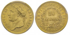 Premier Empire 1804-1814
20 Francs, Paris, 1809 A, AU 6.45 g.
Ref : G. 1025, Fr. 516
Conservation : PCGS MS64. FDC