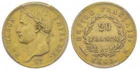 Premier Empire 1804-1814
20 Francs, Bordeaux, 1809 K, AU 6.45 g. poisson
Ref : G. 1025, Fr. 516
Quantité : 3614 exemplaires. Rare
Conservation : PCGS ...