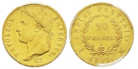 Cent-Jours, 20 mars-22 juin 1815
20 Francs, Lille, 1815 W, AU 6.45 g.
Ref : G.1025a
Conservation : PCGS AU53. Très rare.