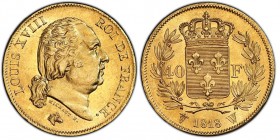 Louis XVIII 1814-1824
40 Francs, Lille, 1818 W, AU 12.9 g.
Ref : G. 1092, Fr. 542
Conservation : PCGS MS63. Superbe exemplaire