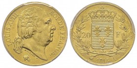 Louis XVIII 1814-1824
20 Francs, Paris, 1818 A, AU 6.45 g.
Ref : G.1028, Fr. 519
Conservation : PCGS MS63