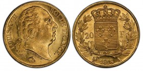 Louis XVIII 1814-1824
20 Francs, Paris, 1818 A, AU 6.45 g. Ref : G. 1028, Fr. 538
Conservation : PCGS MS62
