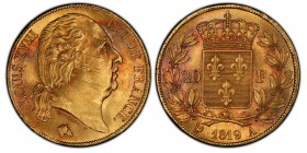 Louis XVIII 1814-1824
20 Francs, Paris, 1819 A, AU 6.41 g. Ref : G. 1028, Fr. 538
Conservation : PCGS MS64. FDC