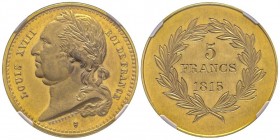 Louis XVIII 1814-1824
Epreuve en or de la 5 francs, Bruxelles, 1815, AU 39.8 g. par Trébuchet, tranche lisse, frappe monnaie.
Avers : LOUIS XVIII ROI...