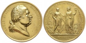 Louis XVIII 1814-1824
Médaille en or, encouragements et récompenses à l'Industrie, Paris, 1823, AU 135.33 g. 55 mm
Avers : LOUIS XVIII - ROI DE FRANCE...
