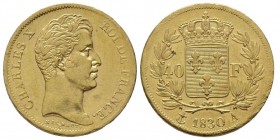 Charles X 1824-1830 
40 Francs, Paris, 1830 A, AU 12.9 g.
Ref : G. 1105, Fr. 547
Conservation : Superbe