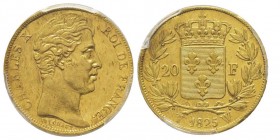 Charles X 1824-1830 
20 Francs, Lille, 1825 W, AU 6.45 g.
Ref : G.1029
Conservation : PCGS AU58