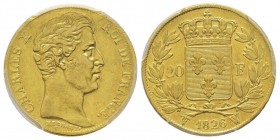 Charles X 1824-1830 
20 Francs, Lille, 1826 W, AU 6.45 g.
Ref : G.1029
Conservation : PCGS AU50