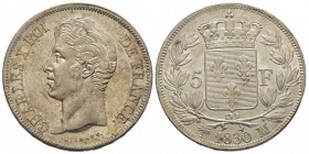 Charles X 1824-1830 
5 Francs, Marseille, 1830 MA, AG 25 g.
Ref : G. 644
Conservation : Superbe