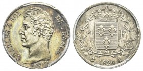 Charles X 1824-1830 
1 Franc, Paris, 1826 A, coin modifié : 6 sur 2. AG 5 g.
Ref : G. 450 (1826 sur 1822) Revers à 5 feuilles.
Conservation : PCGS MS6...