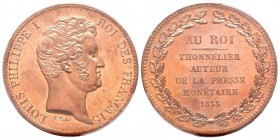 Louis Philippe 1830-1848
Essai en bronze au module de 5 francs 1833. Tranche inscrite : « DEDIEE AU ROI».
Ref : Maz 1152
Conservation : PCGS SP 66 RD....