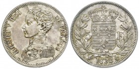 Henri V prétendant (1820-1883)
Essai de 5 francs 1832, Bruxelles, tranche inscrite en creux, AG 25 g.
Ref : G. 651, Maz. 906A
Conservation : PCGS SP62...