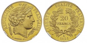 Deuxième République. 1848-1852
20 Francs, Paris, 1851 A, AU 6.45 g.
Ref : G. 1059, Fr.566
Conservation : NGC PROOF 64+ CAMEO. Rarissime